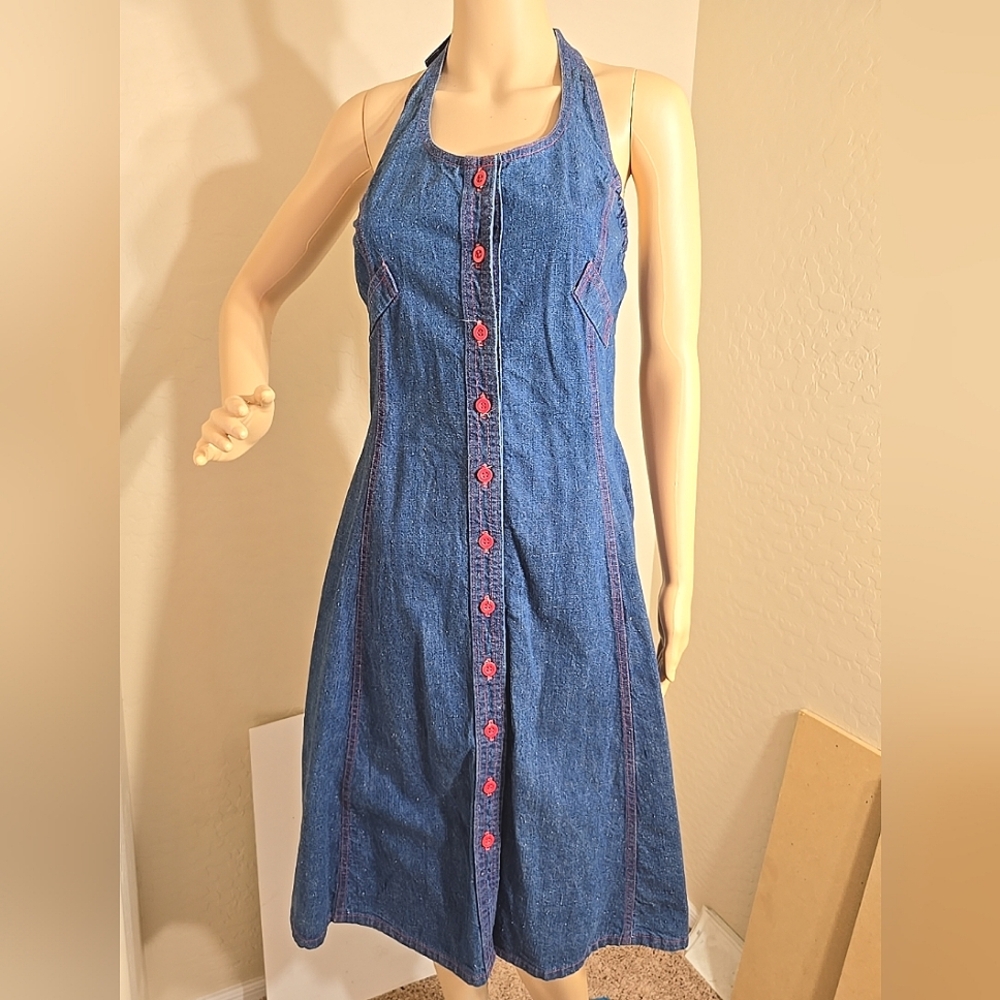 Vintage 70s Landlubber Denim Halter Dress Red Buttons Pretty! Size 11